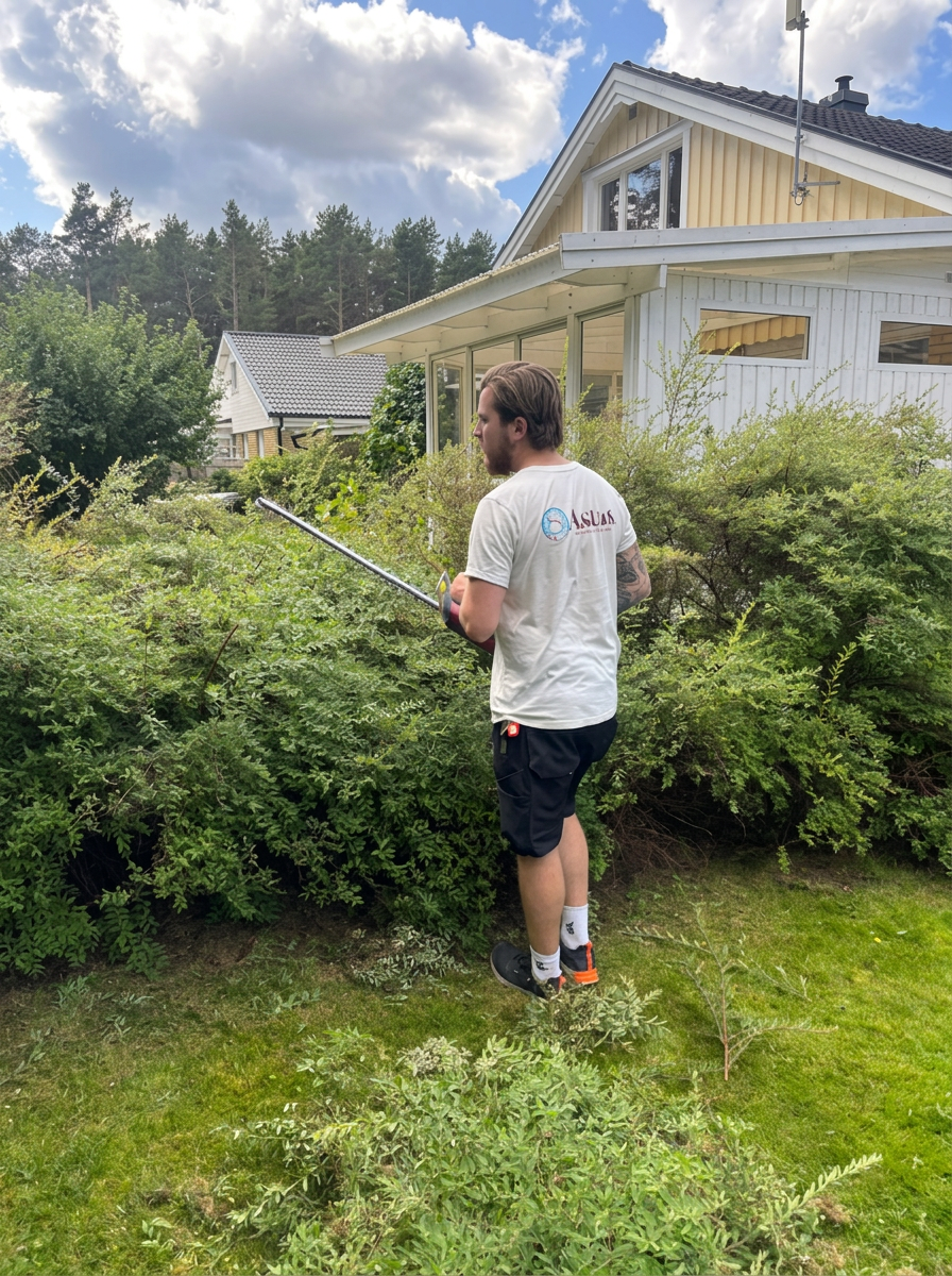 Medarbetare från Astas Hemservice klipper häck i en trädgård i Gävle
